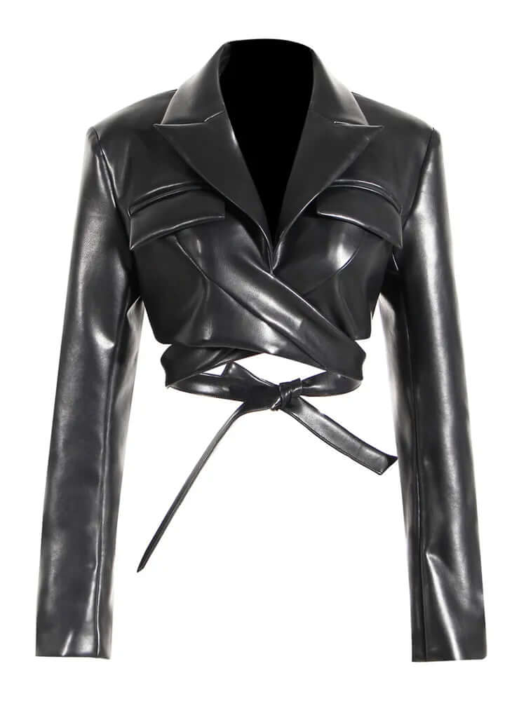 Ladies Faux Leather Biker Jacket with Belt - Luxivelle