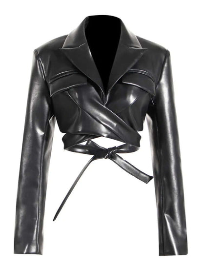 Ladies Faux Leather Biker Jacket with Belt - Luxivelle