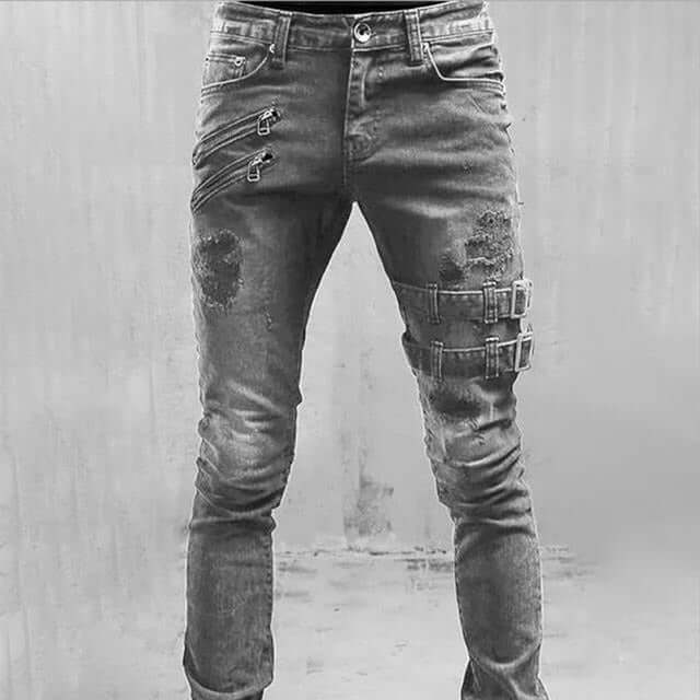 Slim Fit Distressed Biker Jeans for Men