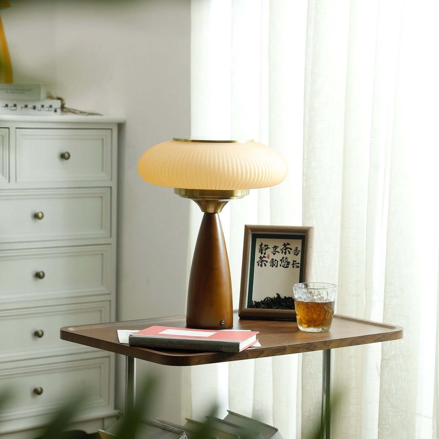 Small Glass Desk Lamp with Wood Base