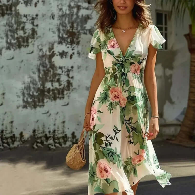 Ladies' Flowy Wrap Dress with Ruffle Sleeves - Luxivelle