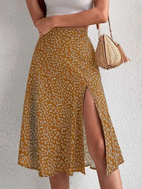 Ladies' Pretty Flowy Mid Length Skirt with Slit Detail