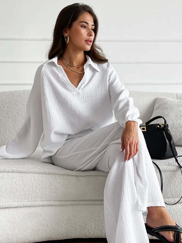 Soft Women's Casual Pajama Set V Neck Wide Leg