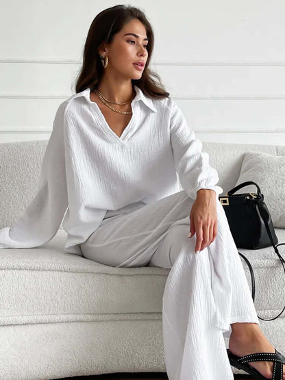 Soft Women's Casual Pajama Set V Neck Wide Leg