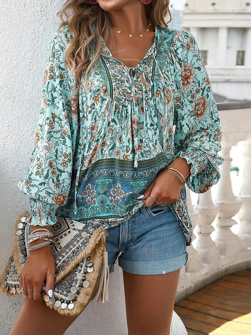 Pretty Floral Long Sleeve Women's Blouse Casual Top