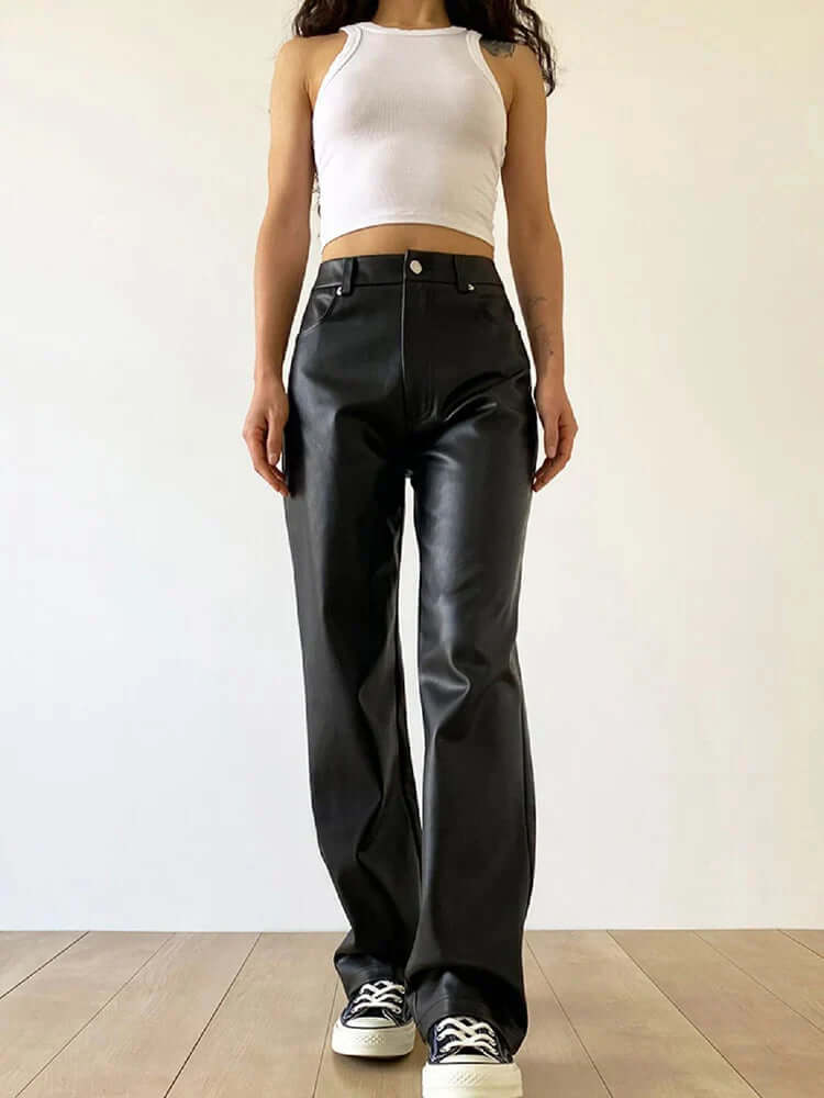 Classic High Waist Straight Leg Leather Jeans Pants