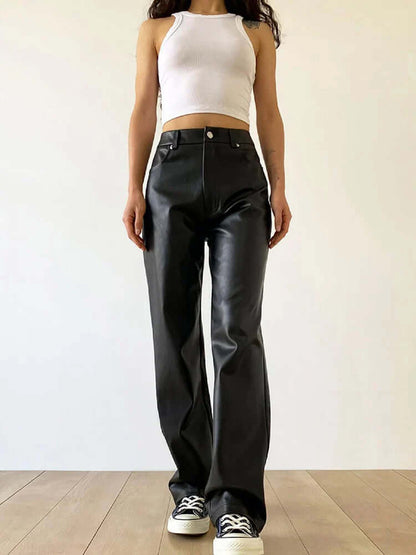 Classic High Waist Straight Leg Leather Jeans Pants