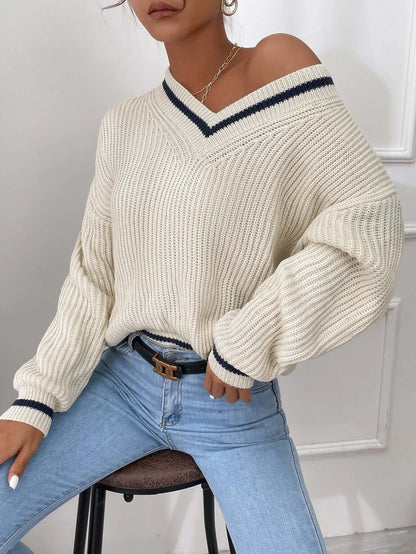 Casual Striped V Neck Loose Fit Sweater