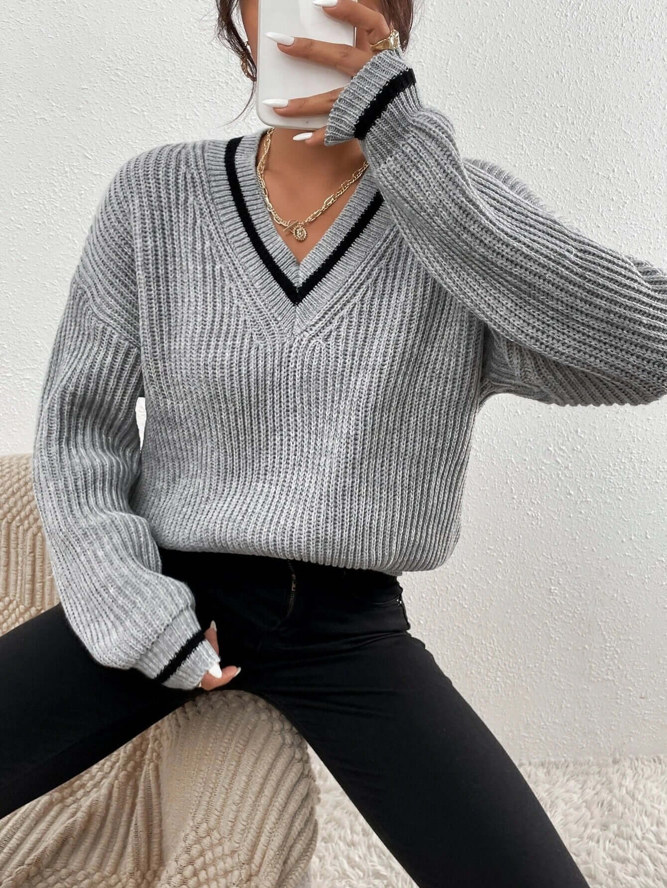 Casual Striped V Neck Loose Fit Sweater