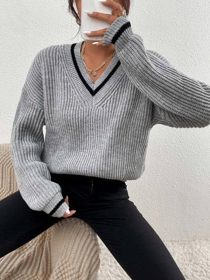 Casual Striped V Neck Loose Fit Sweater