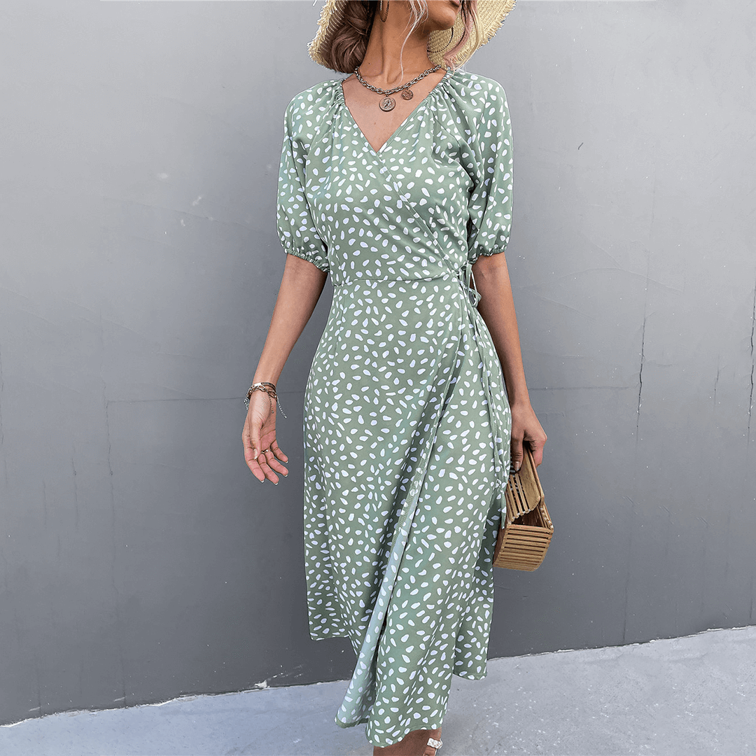 Spotted V Neck Wrap Around Dress