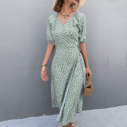 Spotted V Neck Wrap Around Dress