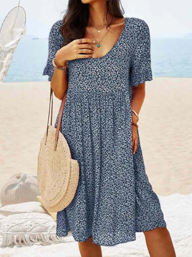 Casual Floral Midi Dress - Loose Fit