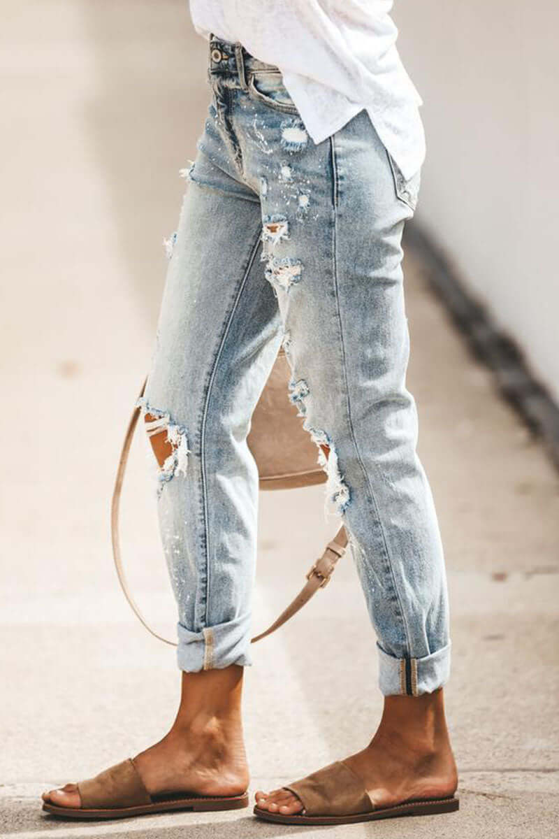 Ladies Distressed Straight Fit High Waist Jeans
