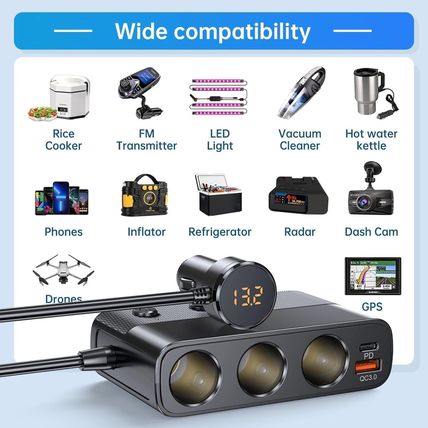 7-in-1 car adapter with 3 sockets, 4 USB ports, LED voltmeter, and quick charge, for charging multiple devices on the go.