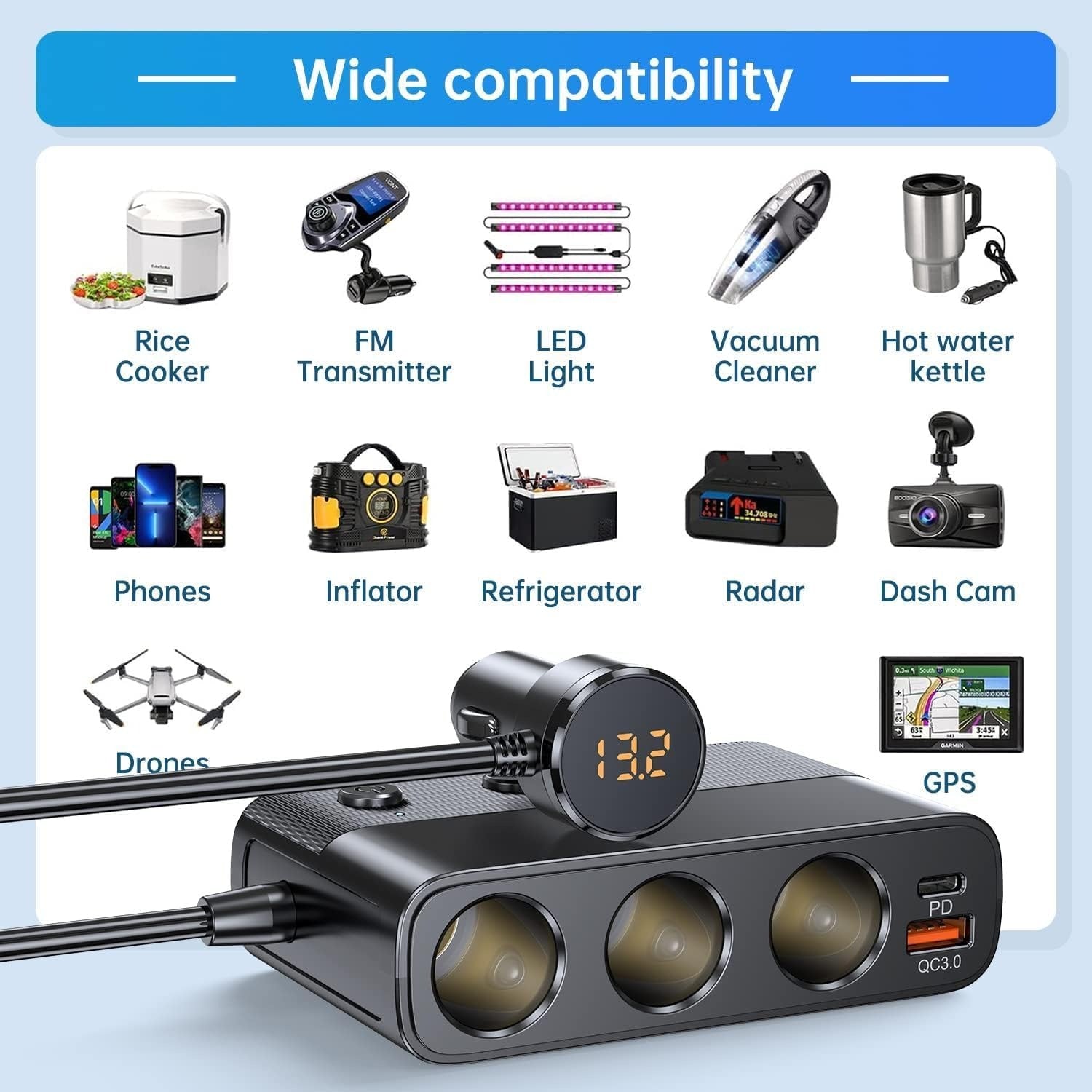 7-in-1 car adapter with 3 sockets, 4 USB ports, LED voltmeter, and quick charge, for charging multiple devices on the go.