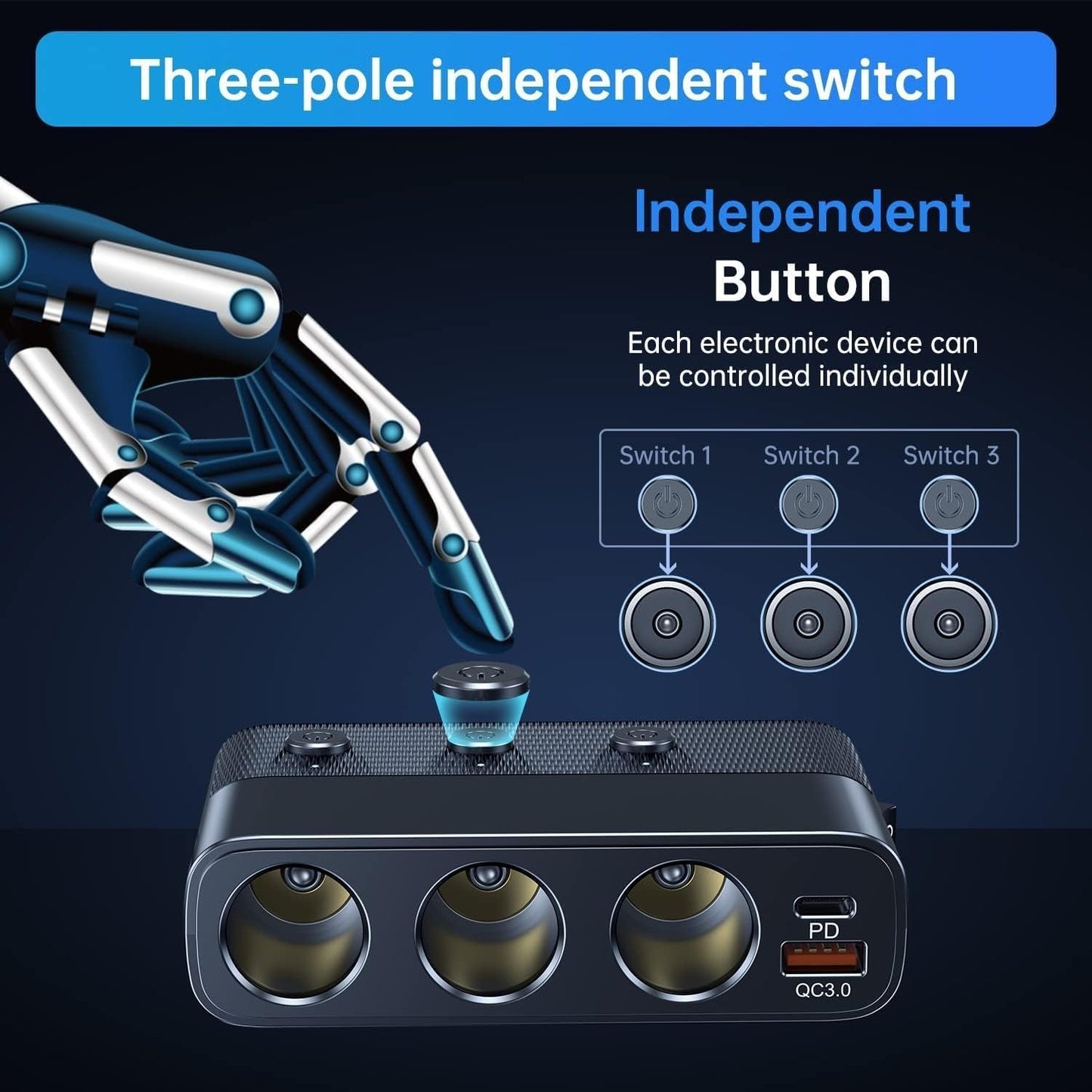 7-in-1 car adapter with 3 sockets, 4 USB ports, LED voltmeter, and quick charge, for charging multiple devices on the go.