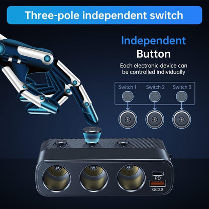 7-in-1 car adapter with 3 sockets, 4 USB ports, LED voltmeter, and quick charge, for charging multiple devices on the go.