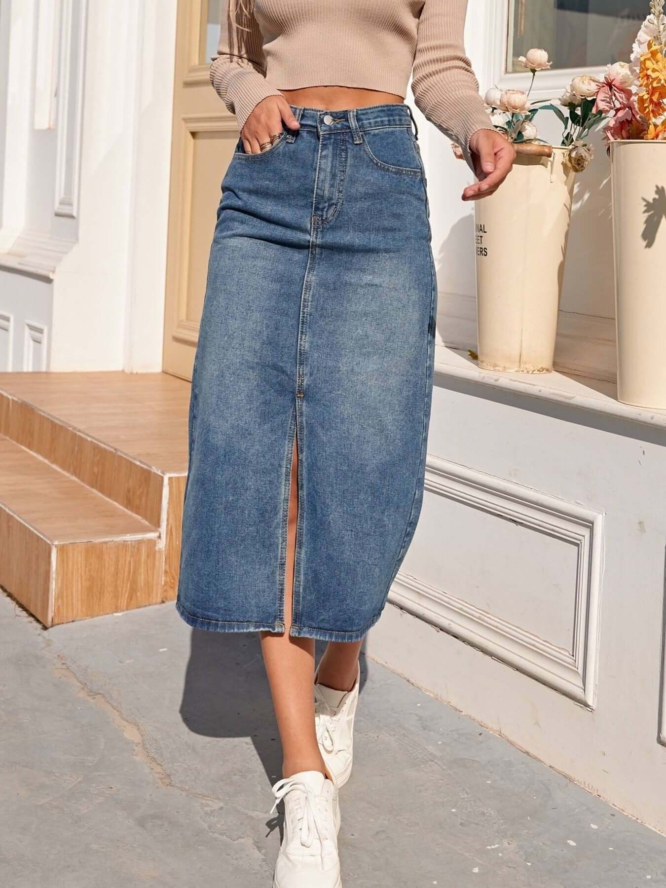 Feminine High Waist Blue Midi Denim Skirt