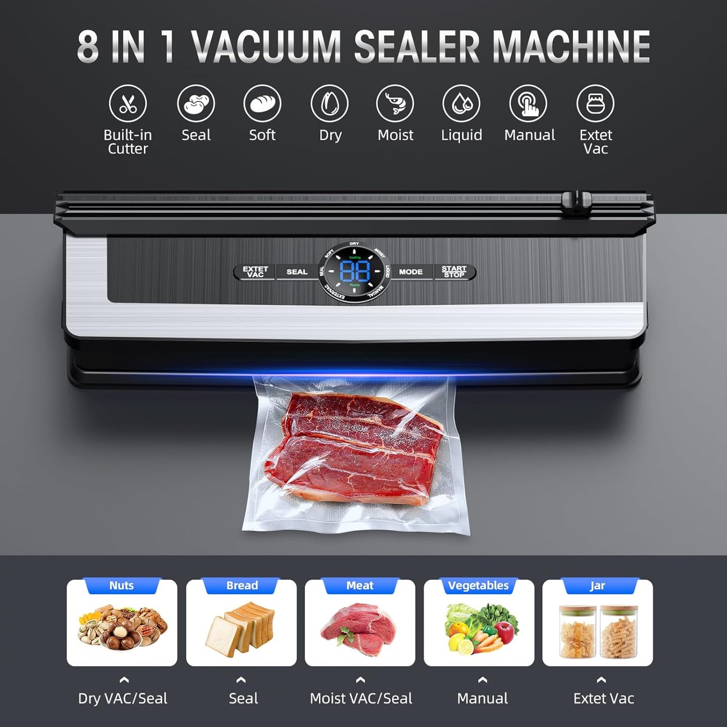 Automatic Food Sealer with Built-In Cutter and Roll Storage