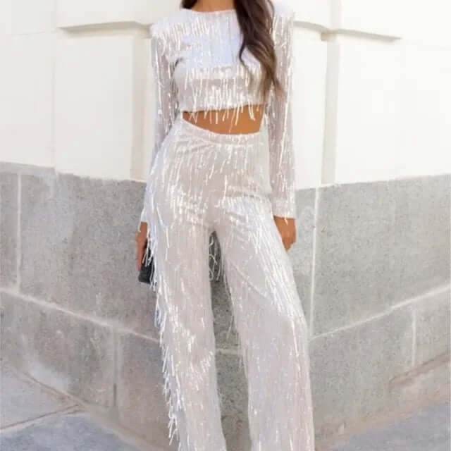 Glittery Sequined Crop Top and Pant Set