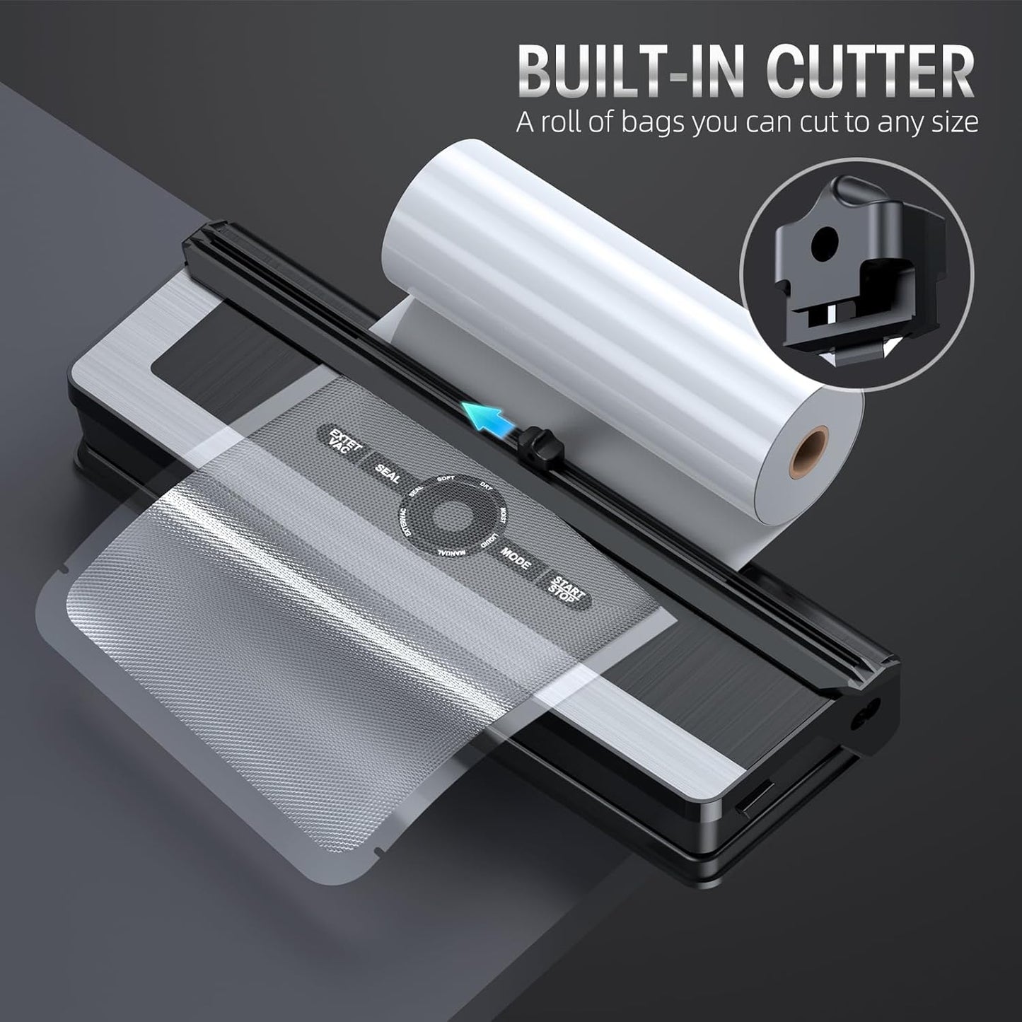 Automatic Food Sealer with Built-In Cutter and Roll Storage