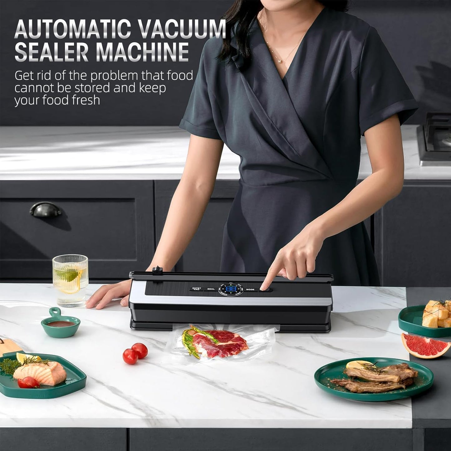 Automatic Food Sealer with Built-In Cutter and Roll Storage