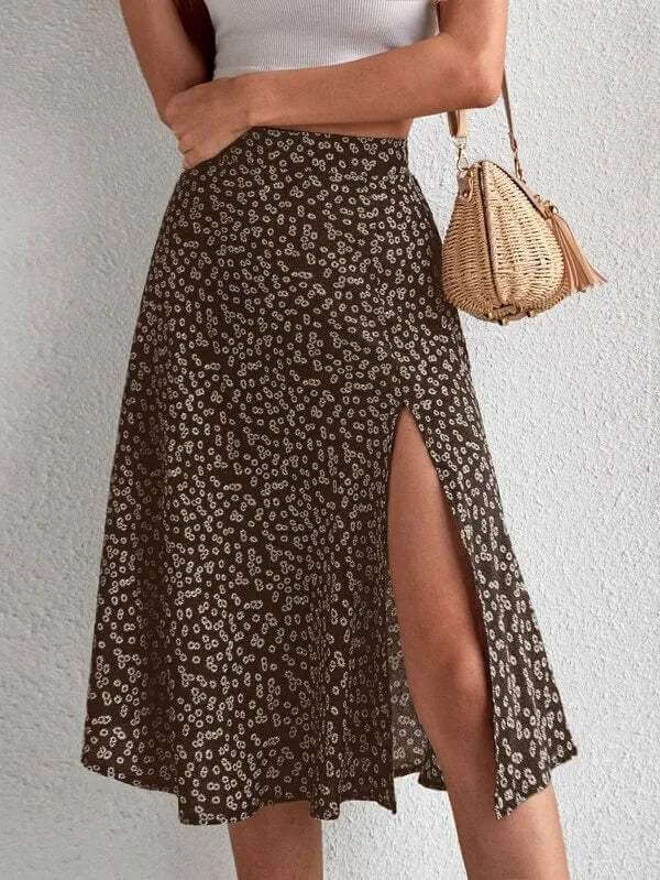 Ladies' Pretty Flowy Mid Length Skirt with Slit Detail