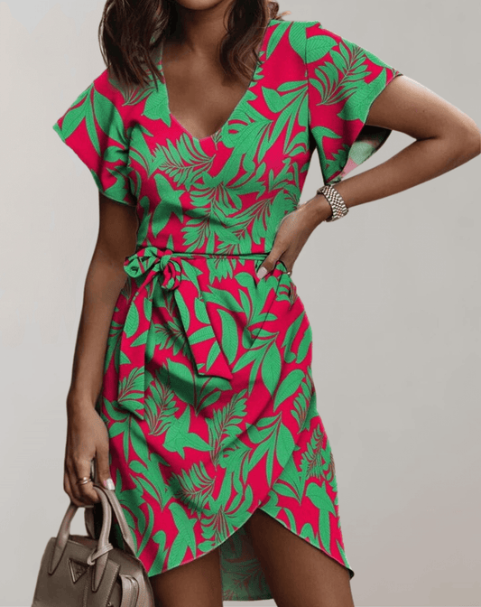 Casual Floral Knee Length Dress with Waist Belt - Luxivelle