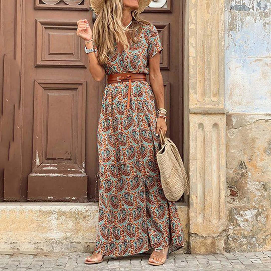 Flowy Long V-Neck Summer Dress with Side Slit