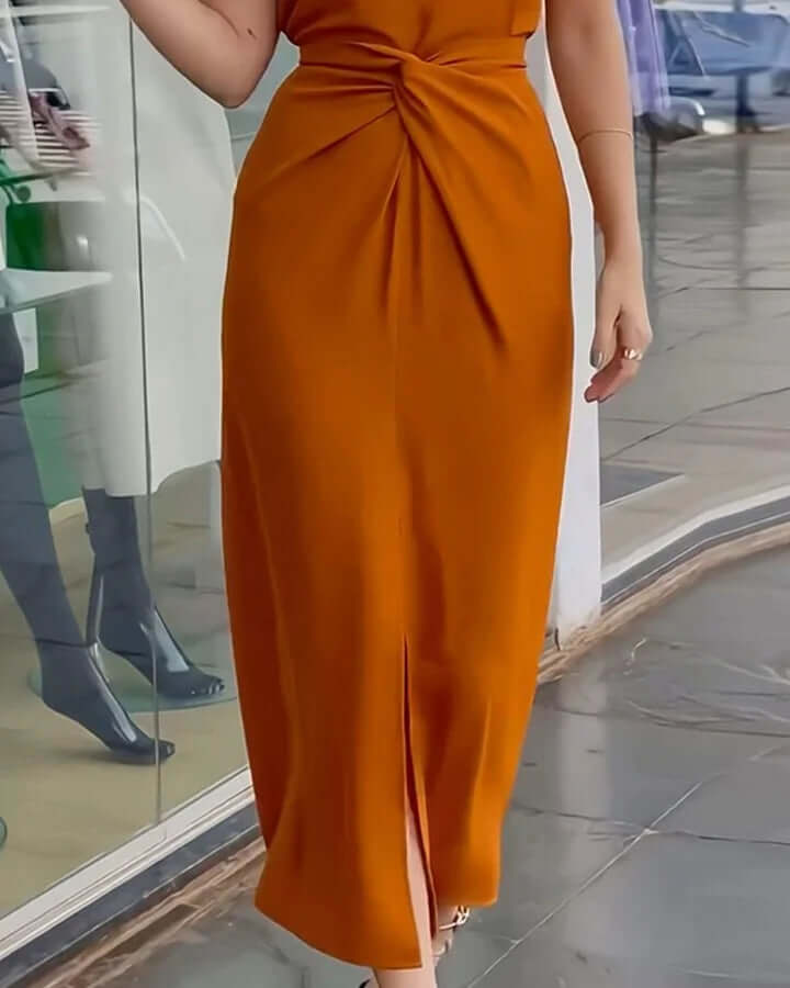 Slim Fit Halter Neck Midi Dress with Knot Front Detail