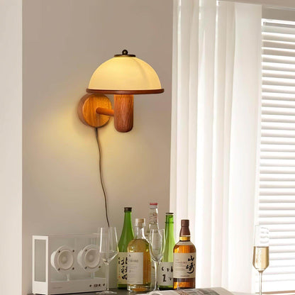Rustic Wooden Fungi Wall Lamp with Cream Shade