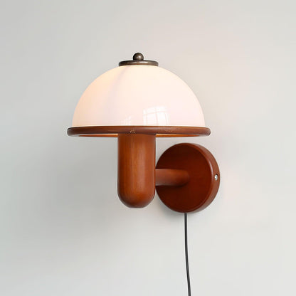 Rustic Wooden Fungi Wall Lamp with Cream Shade