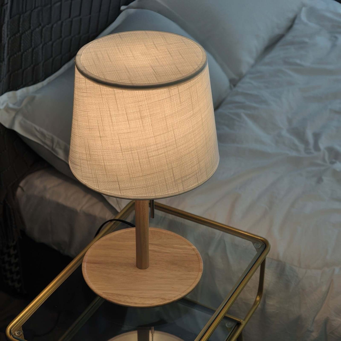 Rustic Brown Wooden Desk Lamp with Linen Shade
