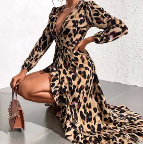 Fashionable Leopard V Neck Mini Dress