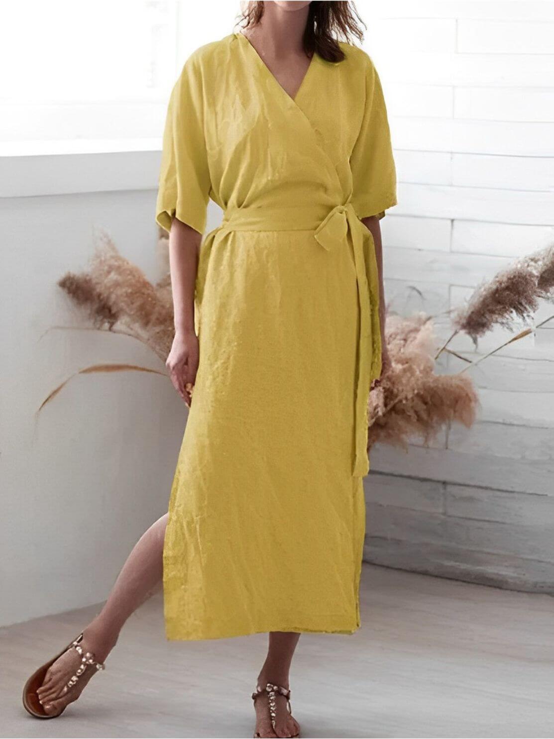 Elegant V Neck Belted Sundress - Luxivelle