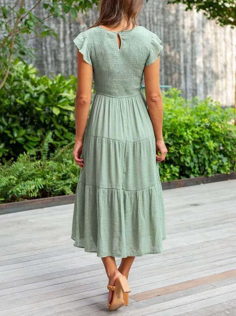 Ladies Floral Midi Dress with Ruffled Sleeves