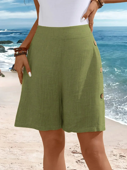 Elastic Waist Casual Button Shorts