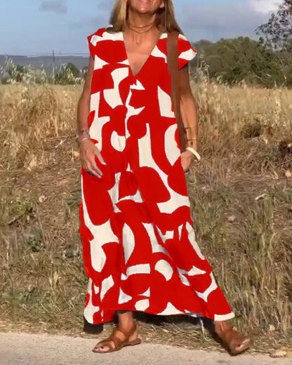 Trendy V Neck Floral Long Dress