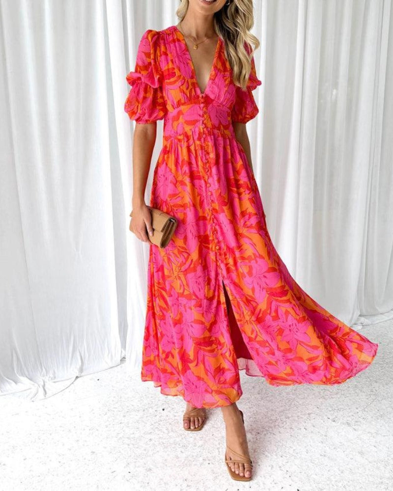 Beautiful V-Neck Ruffle Sleeve Maxi Dress - Luxivelle