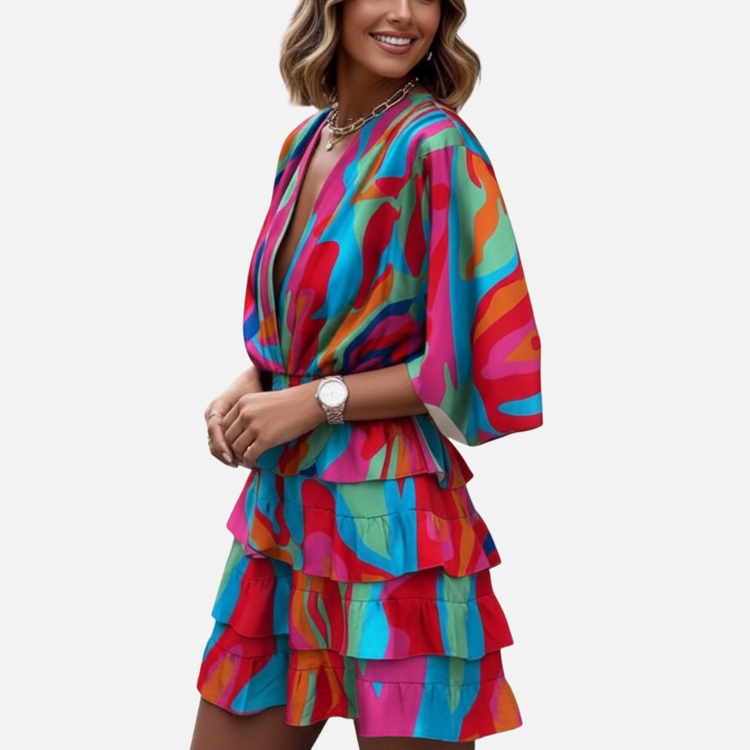 Women's Boho Tiered Mini Dress - Colorful V-Neck Summer Party Dress