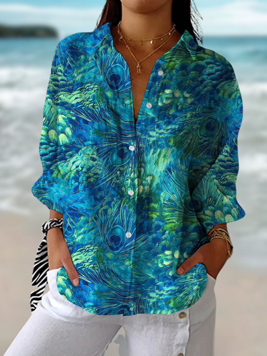 Elegant Peacock Print Women's Blouse - Luxivelle