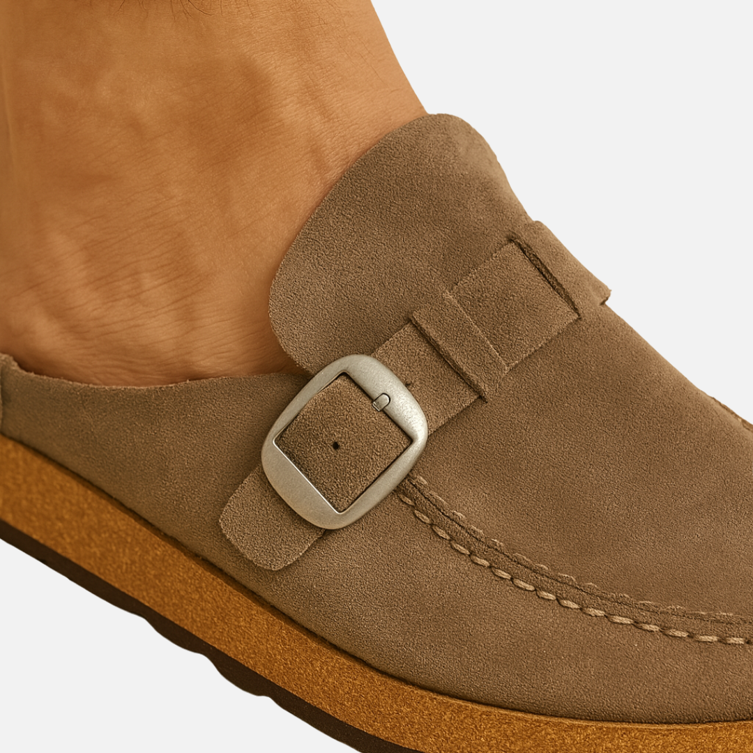Men’s Suede Mules with Buckle - Closed Toe Slip-On Sandals