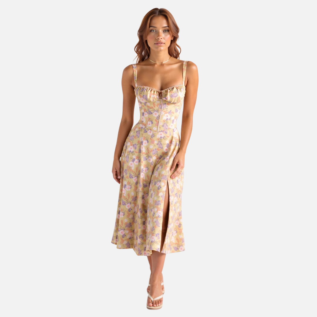 Elegant Corset Style Midi Dress with Flared Skirt