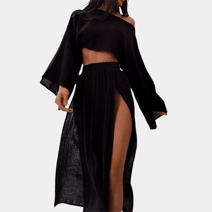 Ladies Long Maxi Skirt Outfit - Cropped Top & High Split