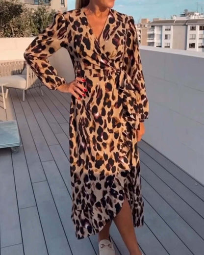 Fashionable Leopard V Neck Mini Dress - Luxivelle