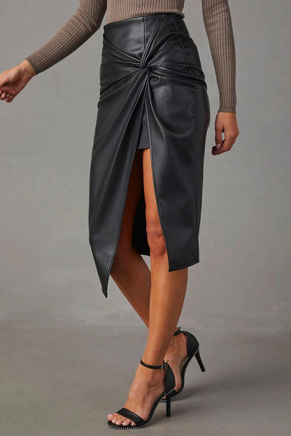 Fake Leather High Waist Pencil Skirt with Gathering