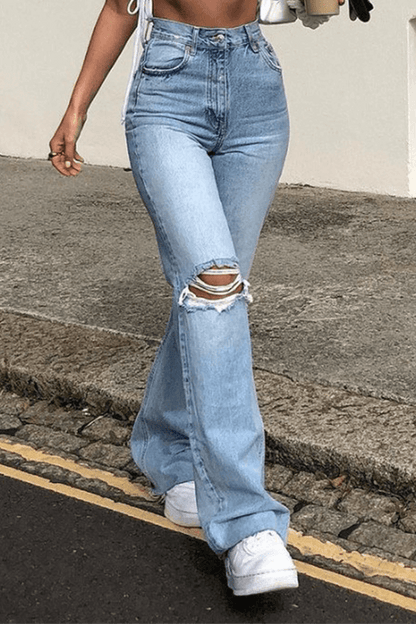 Trendy High Waist Distressed Wide Leg Jeans