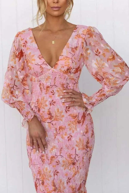 Slim Fit Ladies Midi Dress with Puffy Sleeves