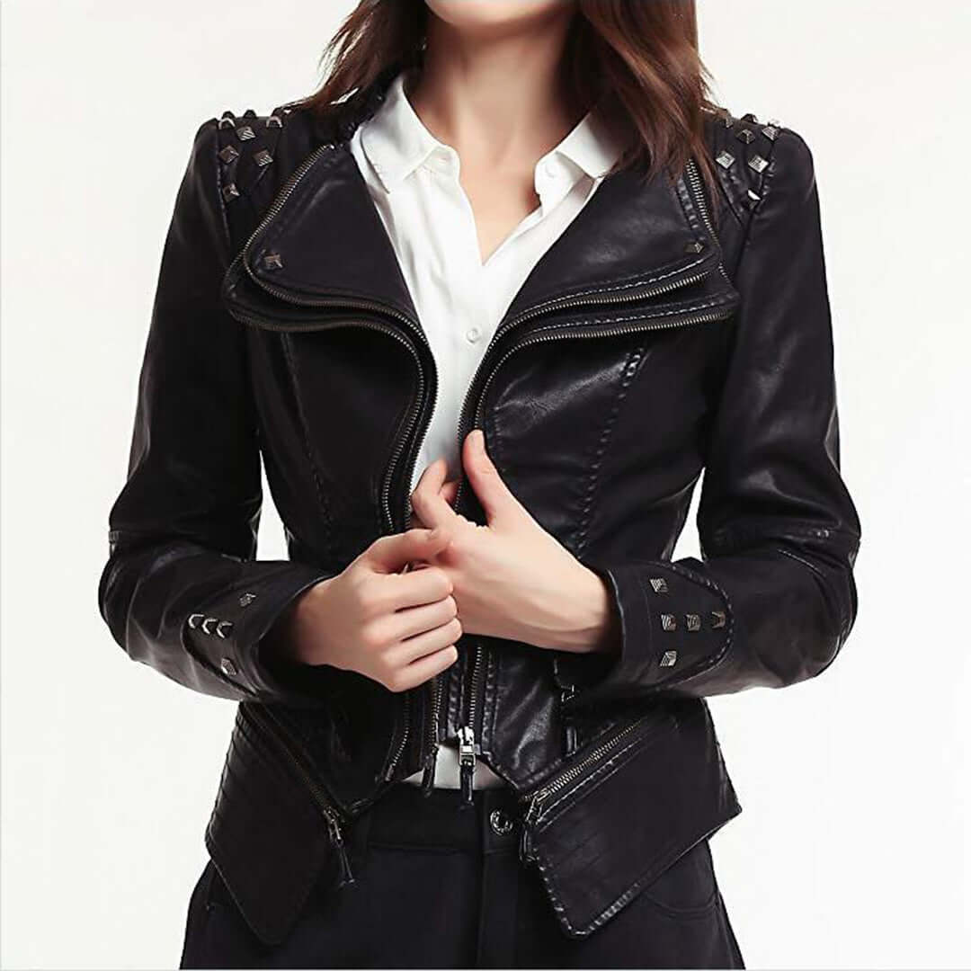 Slim Fit Studded Leather Motorcycle Jacket - Luxivelle